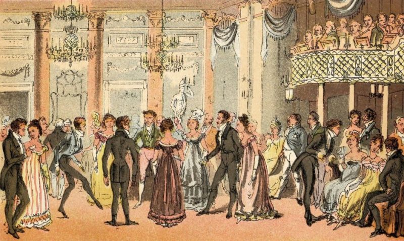 A picture of Regency people dancing in the hall.