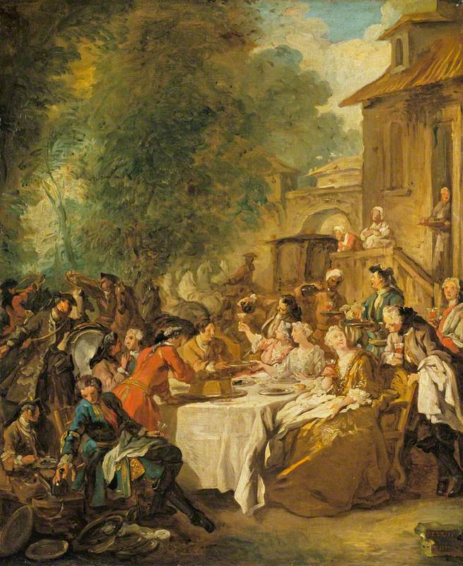 An oil canvas painting of an outdoor breakfast during the Regency period.