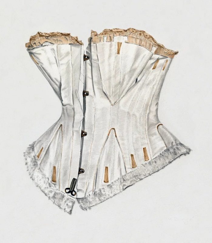 A drawing of a white corset used during the Regency era.