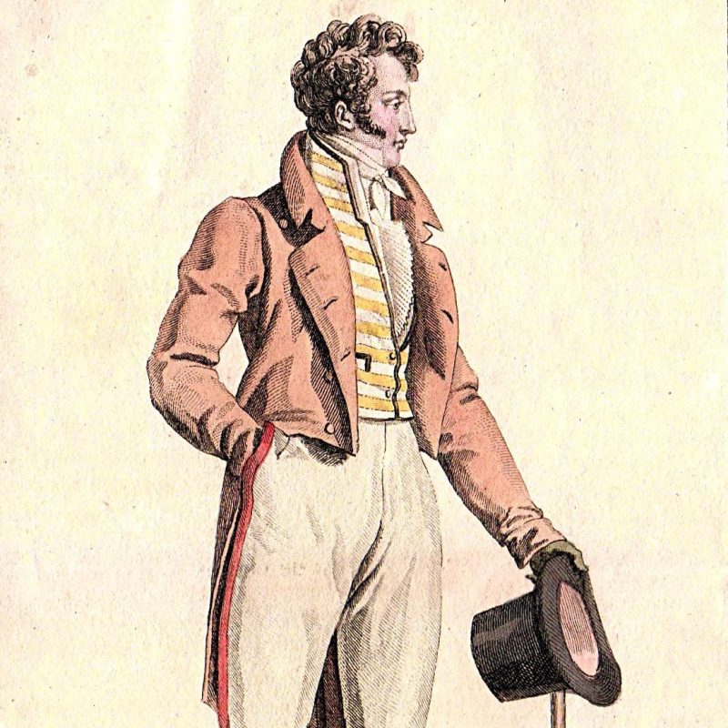 A painting of a curly Regency man in a tailored peach coat with holding a black hat in his left hand.
