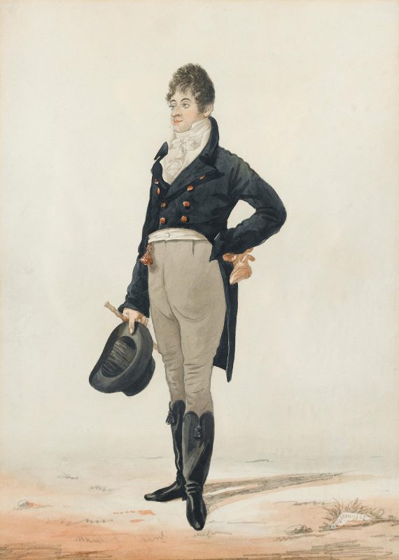 A painting of a regency man in a tailored dark suit and tall black boots holding a hat in his right hand.