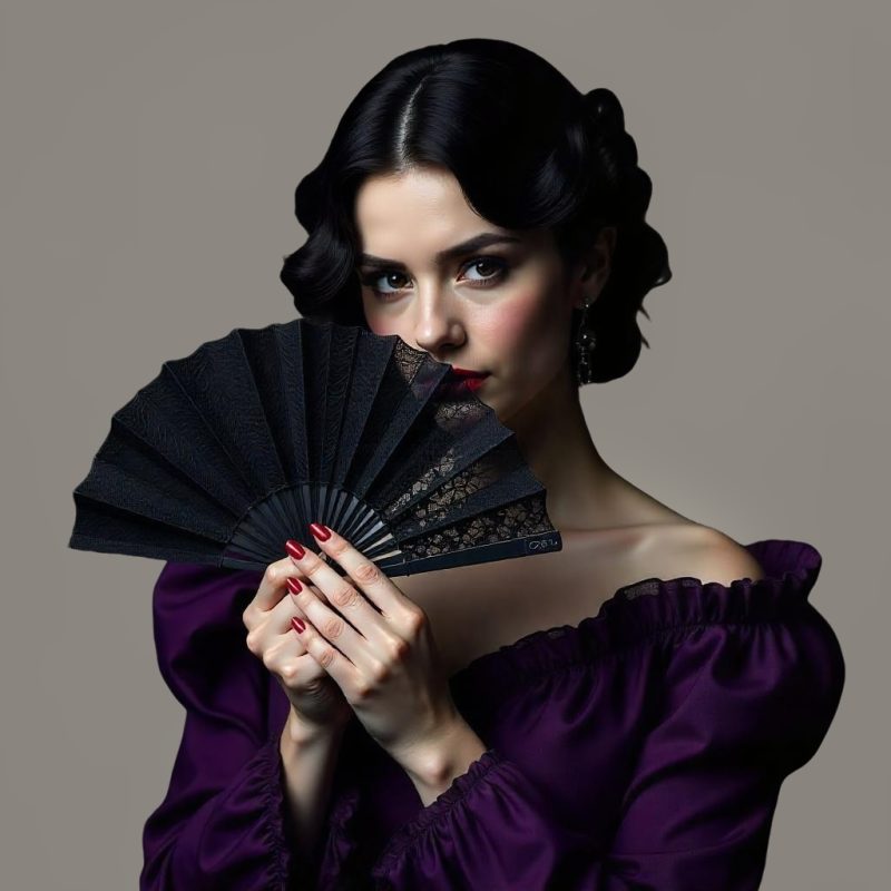 A regency lady hiding the lower part of her right face behind a black fan spread out in front of her.