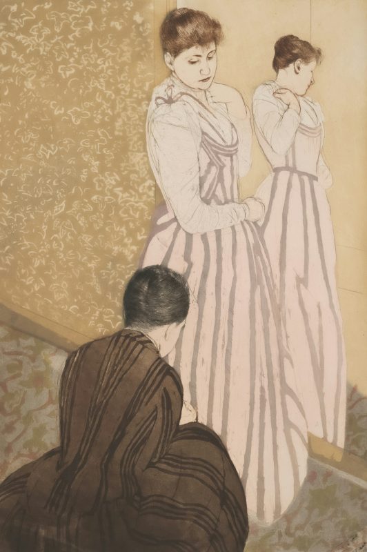 A drawing of a governess assisting a Regency lady fix the hem of her dress.