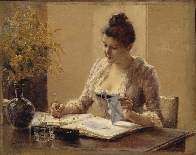 A painting of lady in the Regency period sitting at a table, writing a letter.