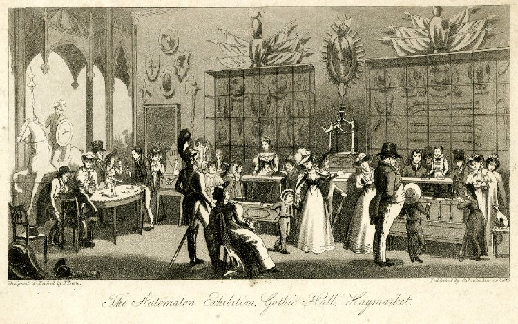 A black and white image of an automaton exhibit.