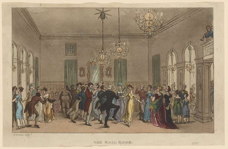 An image of a great hall filled with women in flowing gowns and men in crisp suits dancing and having fun.