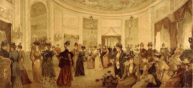 A painting of a big hall filled with women in flowing gowns dancing, sitting, and chatting around.