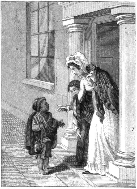 A young chimney sweep at the door with the lady of the house and her child.