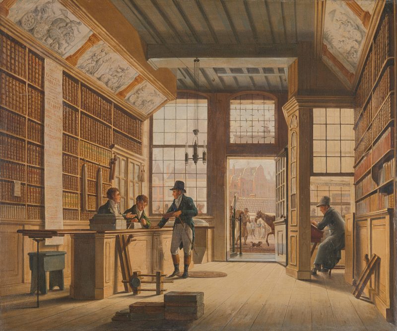 The inside of a library during the Regency period showing a bunch of people and two opposing walls lined with bookshelves filled with books.