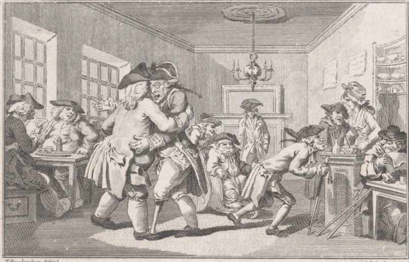 Two men dancing inside a coffeehouse.