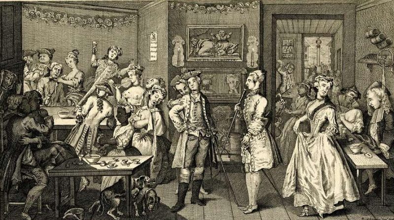 Inside a bustling coffeehouse during the Regency era.