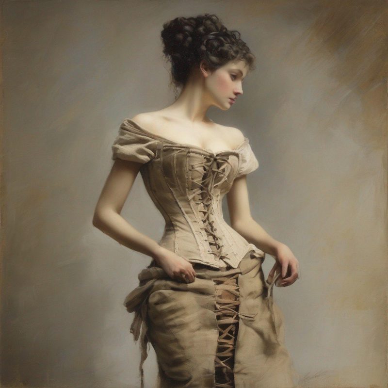 A painting of a woman wearing a brown corset.