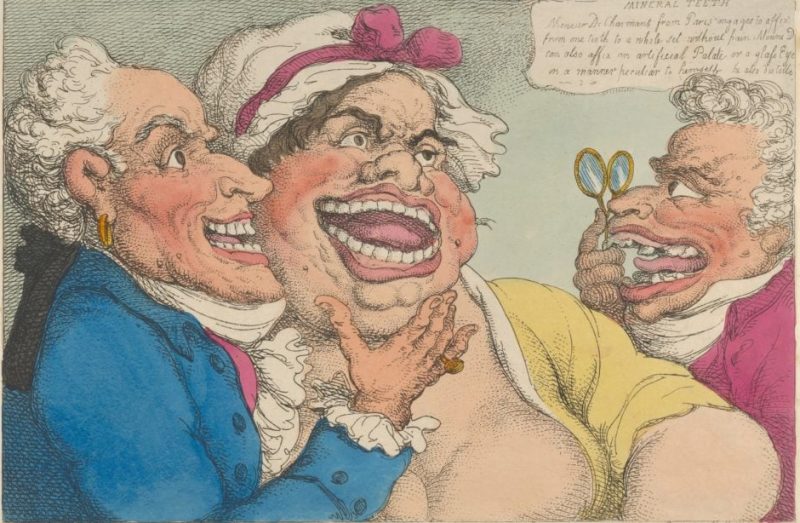 A wide-mouthed lady with an open mouth being examined by a dentist through a magnifying lens.