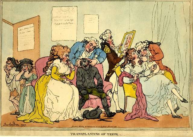 A group of people seated at a dental clinic inspecting their own and their seatmates' teeth.