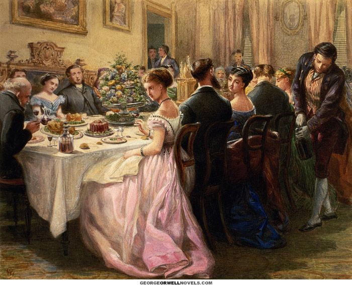 A long table filled with guests in their formal coats and dresses along with servants standing nearby.
