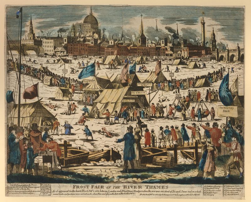 A picture of a frost fair on River Thames with thousands of people roaming around and tents pitched on top of the icy river.