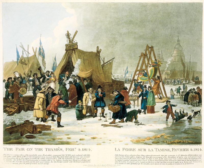 A frost fair on River Thames with tents pitched and people walking around.