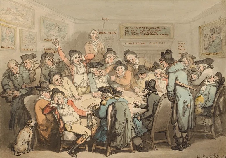 A depiction of a gathering at a Gentleman's Club.