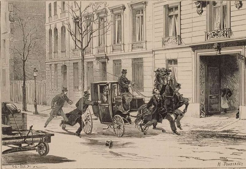 A hackney coach in the middle of a street being chased by two men speaking to the lady inside the carriage.