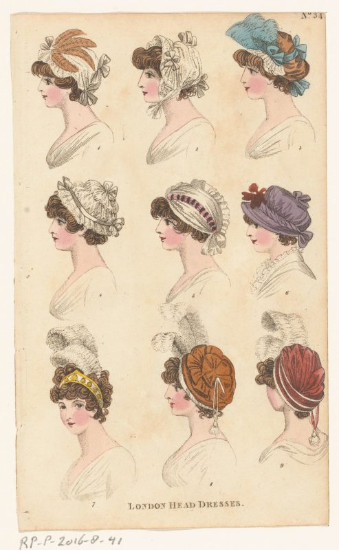 Different hairstyles and hats used during the Regency period.