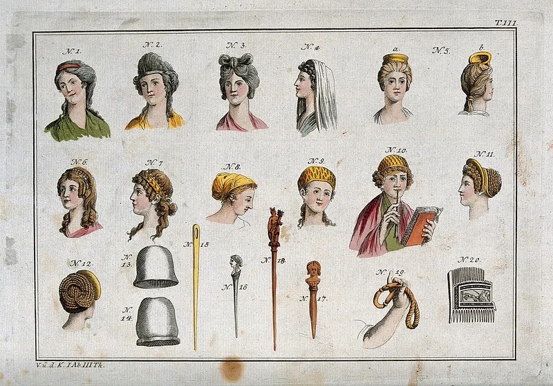 Different hairstyles and hairdresser tools used during the Regency era.
