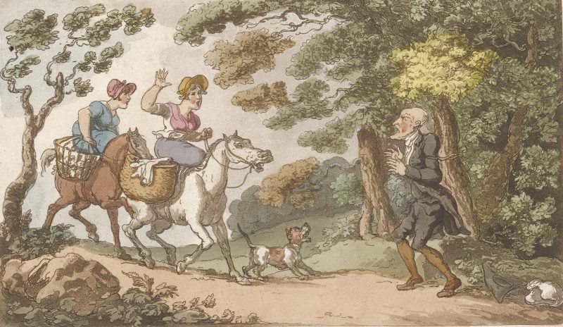 A man bound to a tree met by two women on horses with a dog in tow