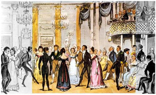 A ballroom filled with dancing men and women in suits and dresses.