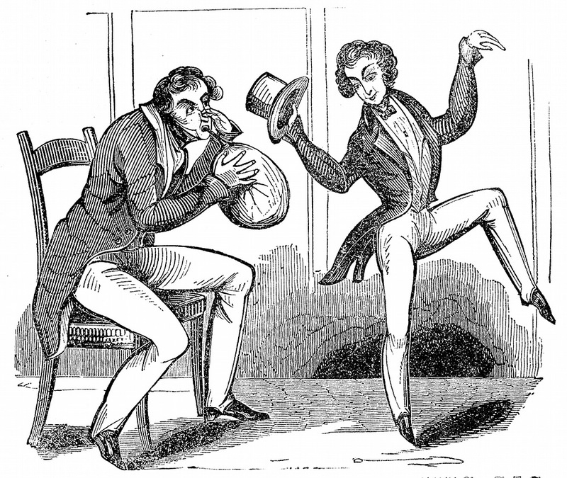 A man sniffing a laughing gas in a container with a man dancing beside him.