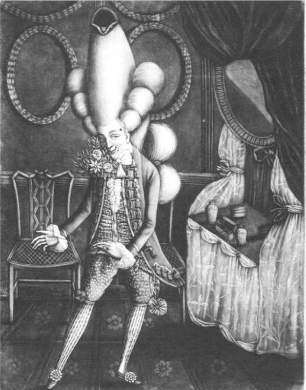 A black and white image as a depiction of the flamboyance of the Regency macaroni fashion.