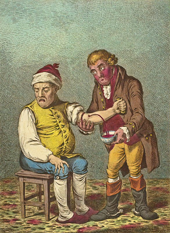 A mad doctor extracting blood from the arm of a frowning man sitting on a chair.