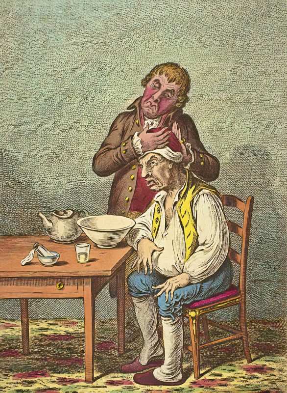 A mad doctor massaging the head of a patient sitting on a chair beside a table.
