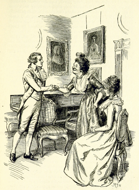 A pencil drawing of a man visiting a woman and shaking hands with another lady in the house.