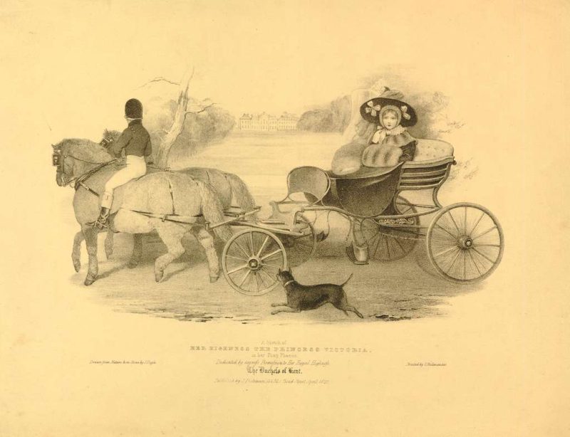 A charcoal drawing of a phaeton, a carriage used during the Regency era.