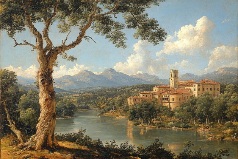 A painting of a castle across a serene lake with clouds above the mountains on the horizon and a tall tree on the foreground.