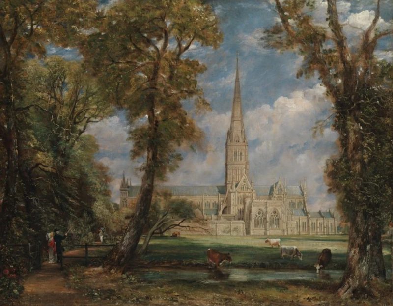 A painting of a castle with a tall, pointed tower in the middle, towering trees in the foreground, and cows roaming the wide field in front of the castle.