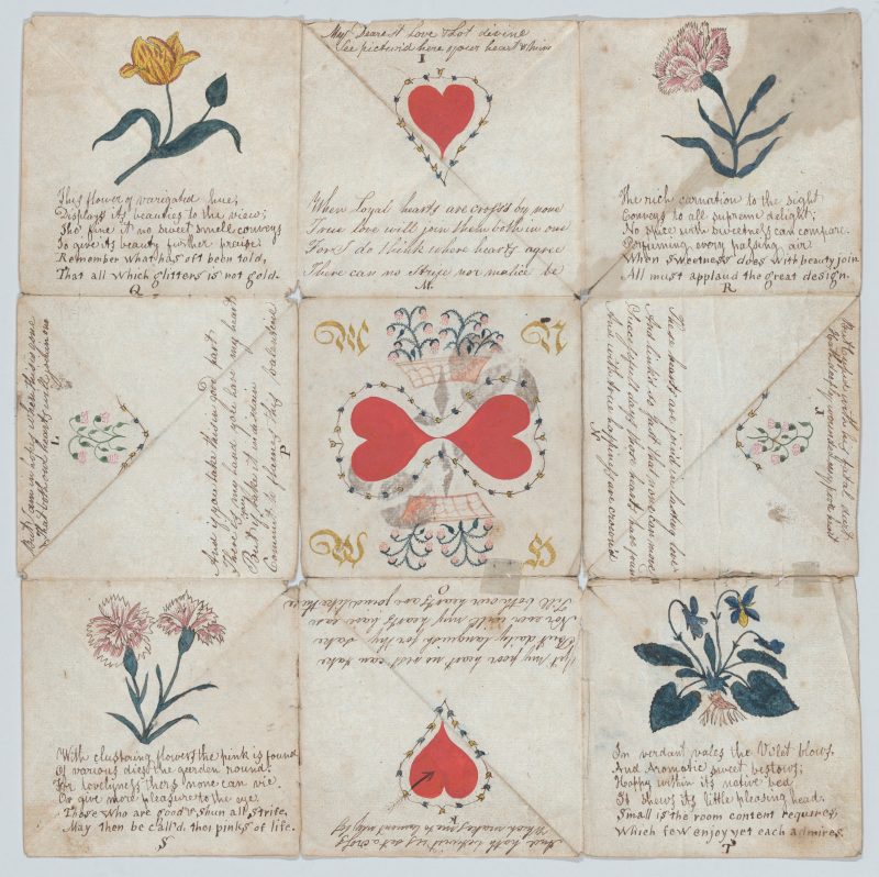 A square piece of paper divided into 9 equal parts with drawings and writings in each section.