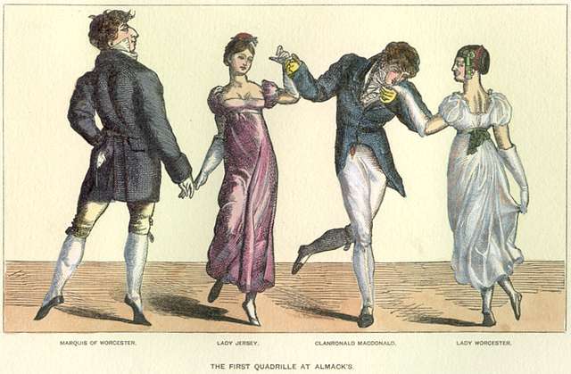 A set of two couples dancing the quadrille.