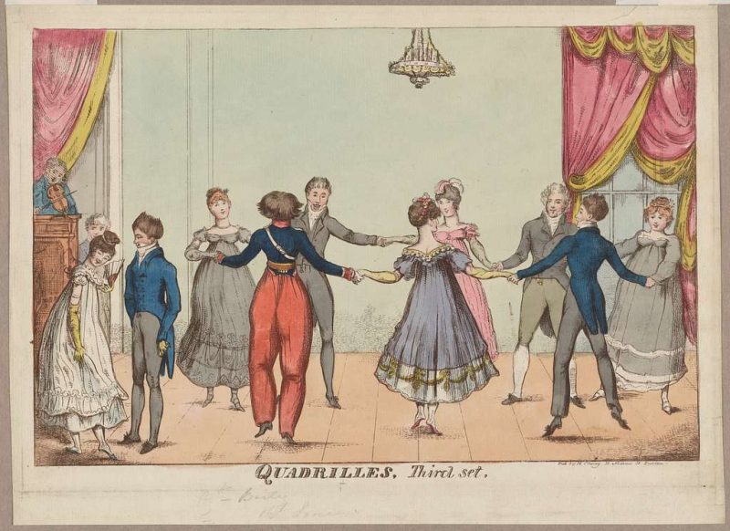 Five pairs on a dance floor performing the quadrille.
