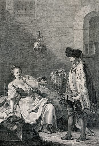 A man holding a quizzing glass approaching a seated woman with another man asleep beside her.