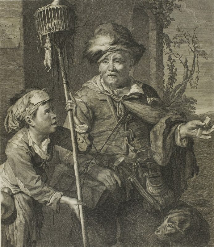 A photo of a rat catcher carrying his tool with a child beside him.