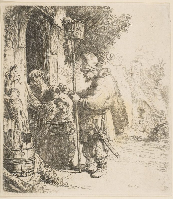 A rat catcher talking to the owner of the house at the door entrance.