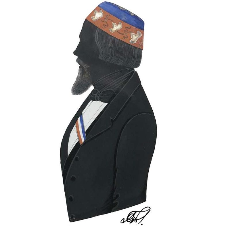 A silhouette image of a bearded man with a blue and red brimless cap.