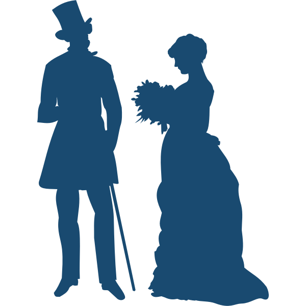 A silhouette image of a man in a long coat and a woman in a long gown holding flowers on her chest.