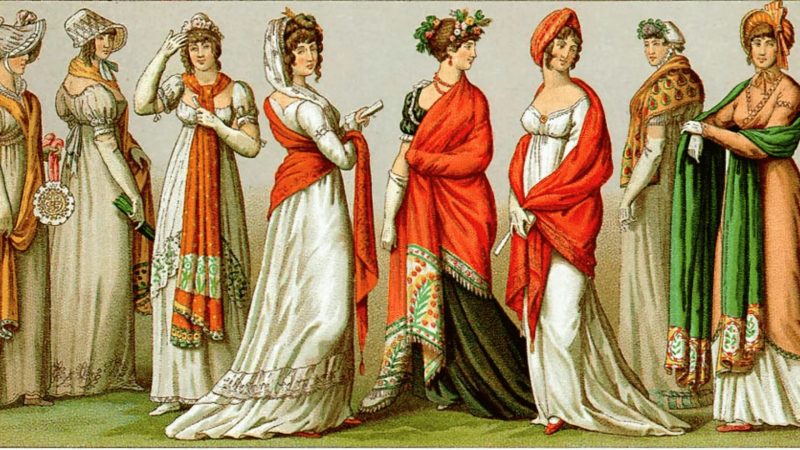 Elite Regency era ladies dressed in flowing gowns.
