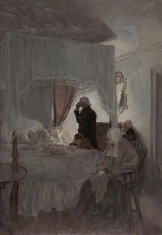 A sick man lying in bed with a few men, including a doctor, beside the bed.