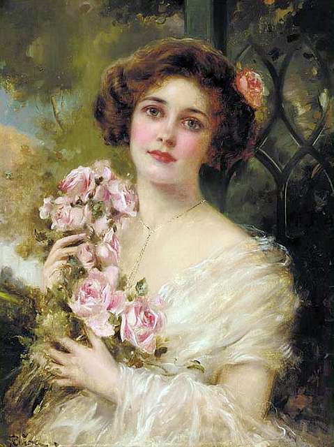 A lady holding pink flowers to her bosom.