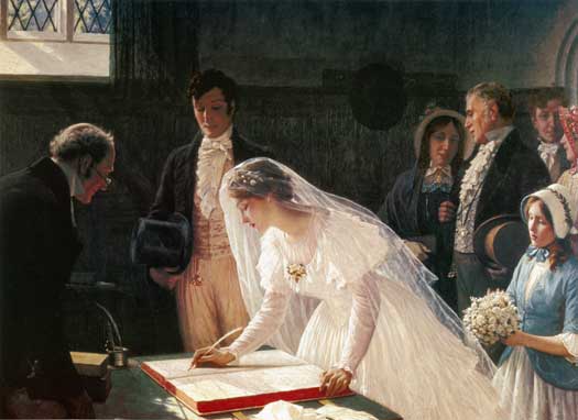 An image of a man and a woman getting married in front of a judge with the woman signing the contract and their witnesses behind them.