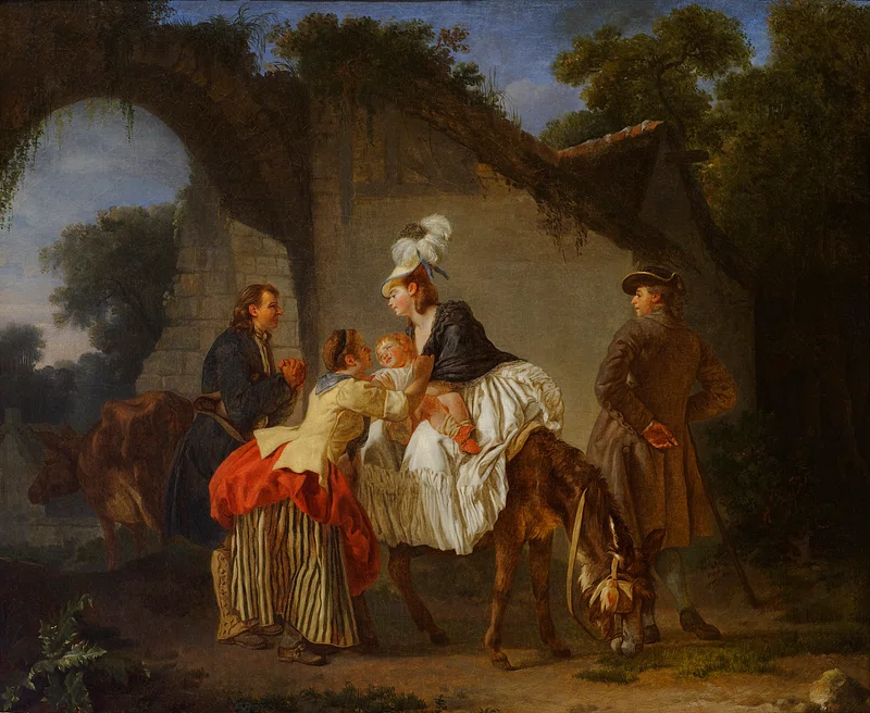 A mother sitting on a horse passing on her child to a wet nurse.